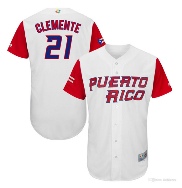 Men's Puerto Rico Baseball #21 Roberto Clemente White World Game Classic Baseball Jersey